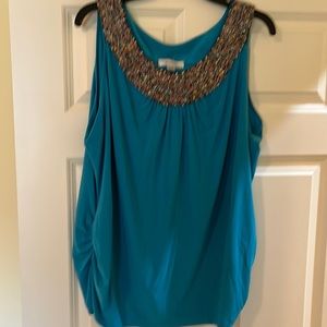 Multi colored beaded yoke- teal shell